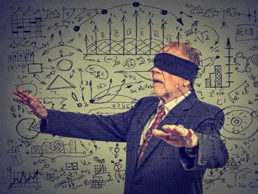 blindfolded senior business man walking through social media data